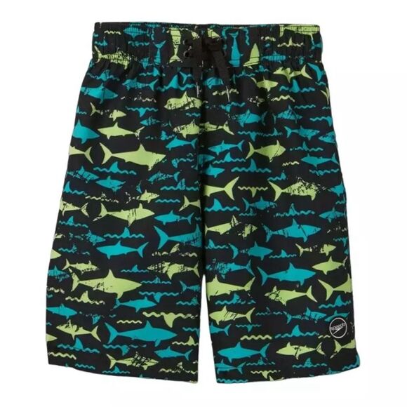 NWT Speedo Boys Shark Print Swim Trunks Shorts Black Size Small swimwear - Picture 2 of 7